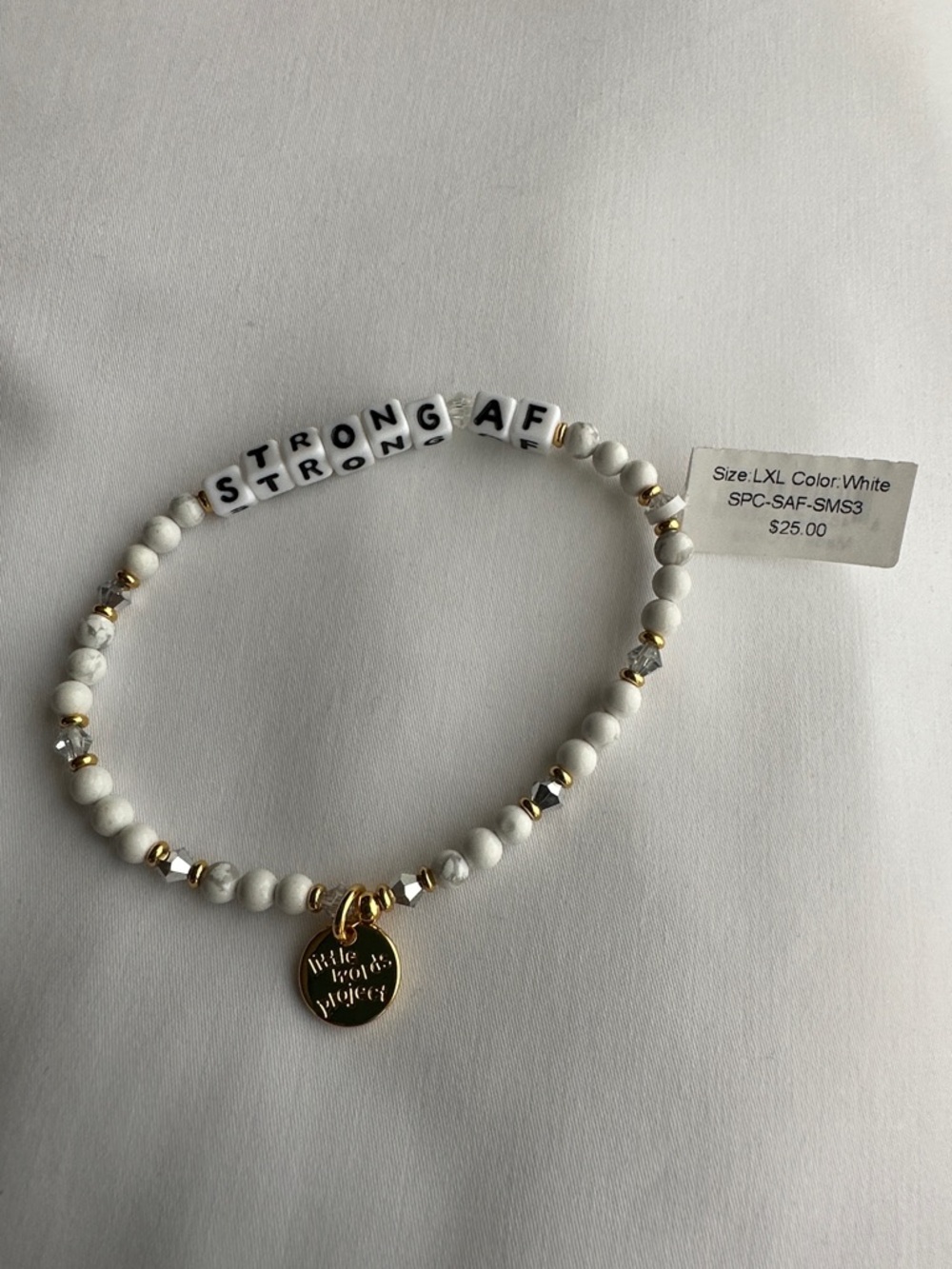 Little Words Project White Gold “STRONG AF” Beaded Bracelet with LWP charm NEW